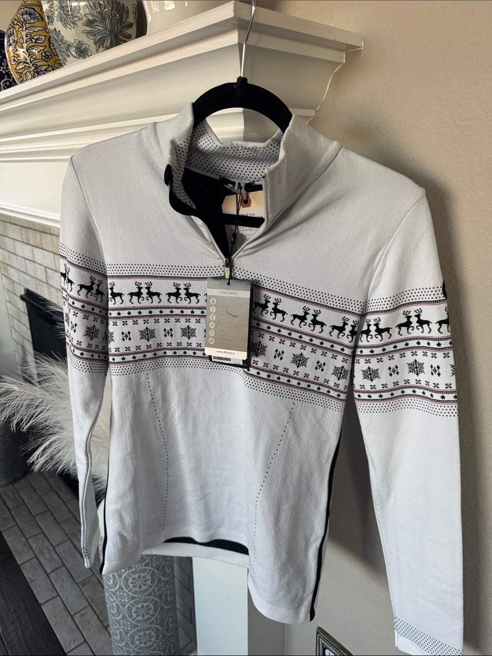 DH Tech Ladles White Half-Zip Holiday Sweater with Reindeer Pattern Chimera